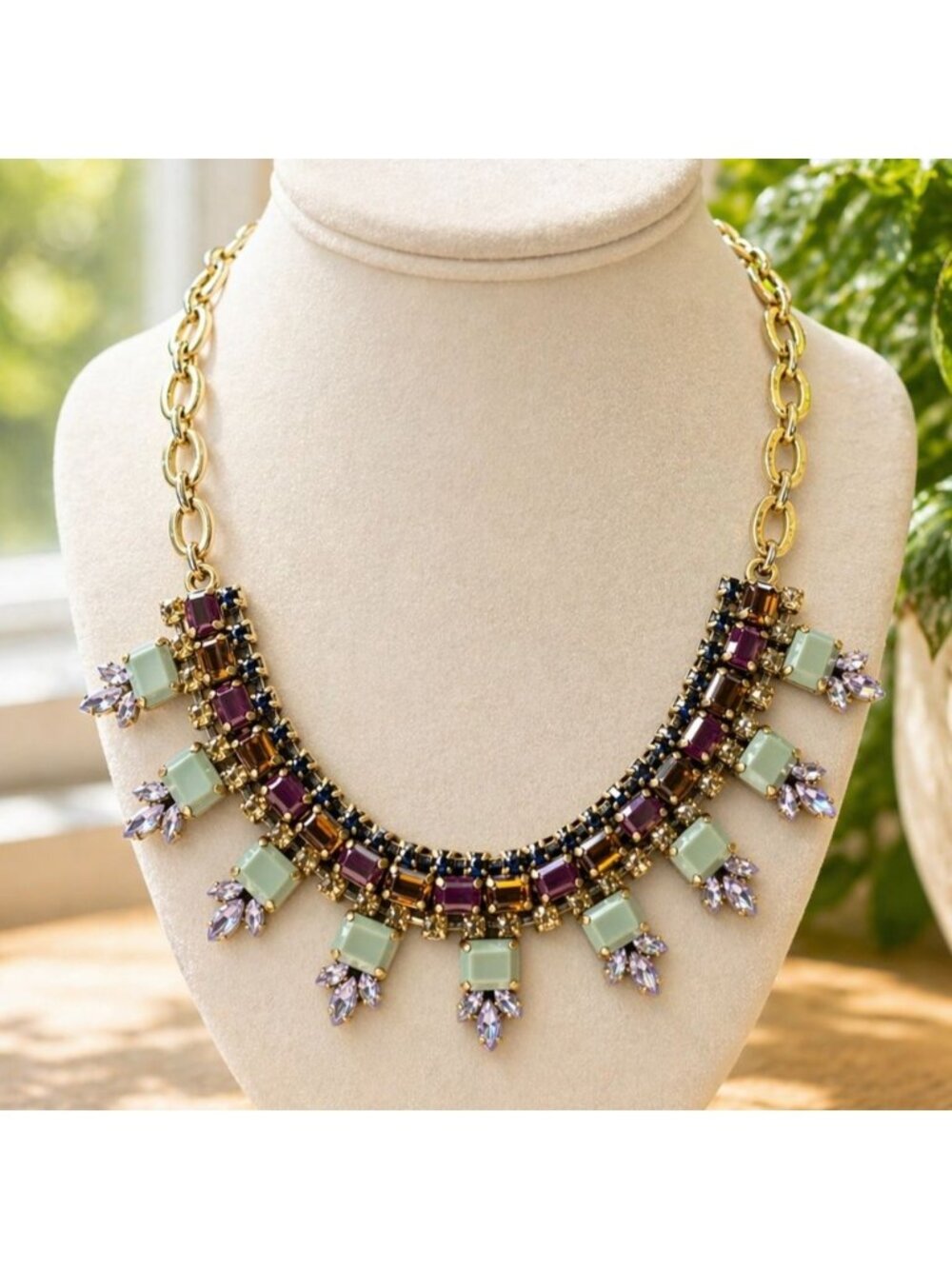 Vintage J Crew Gold-Tone Statement Necklace With Purple & Green Resin Stones & C